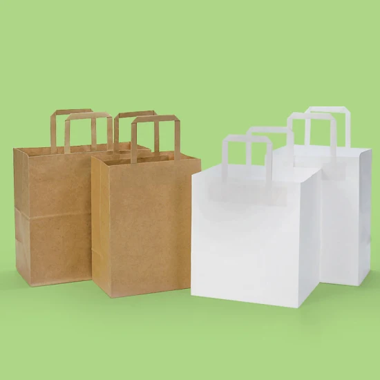 Regalo personalizado, bolsas de papel de embalaje de alimentos de moda, pequeñas o grandes, bolsas de papel biodegradables con mango plano, bolsas de papel Kraft