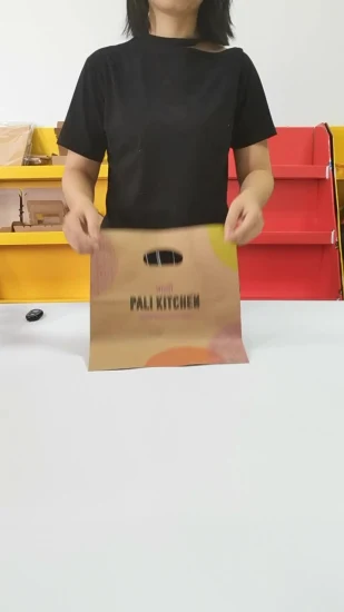 Bolsa de papel para llevar Kraft marrón de envasado de alimentos con asas troqueladas