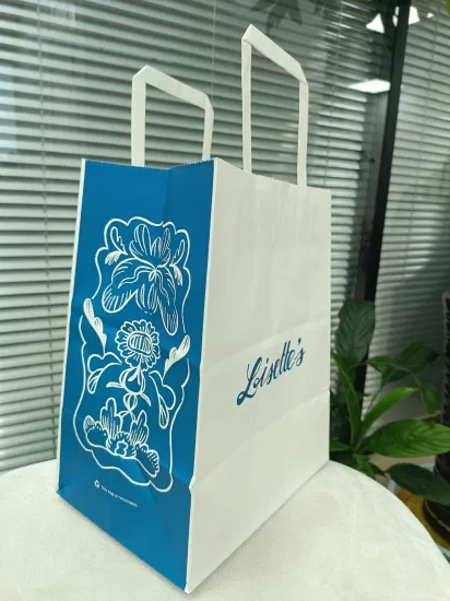 Bolsa de papel Kraft blanca de 100 g con asa plana Impresión azul fabulosa